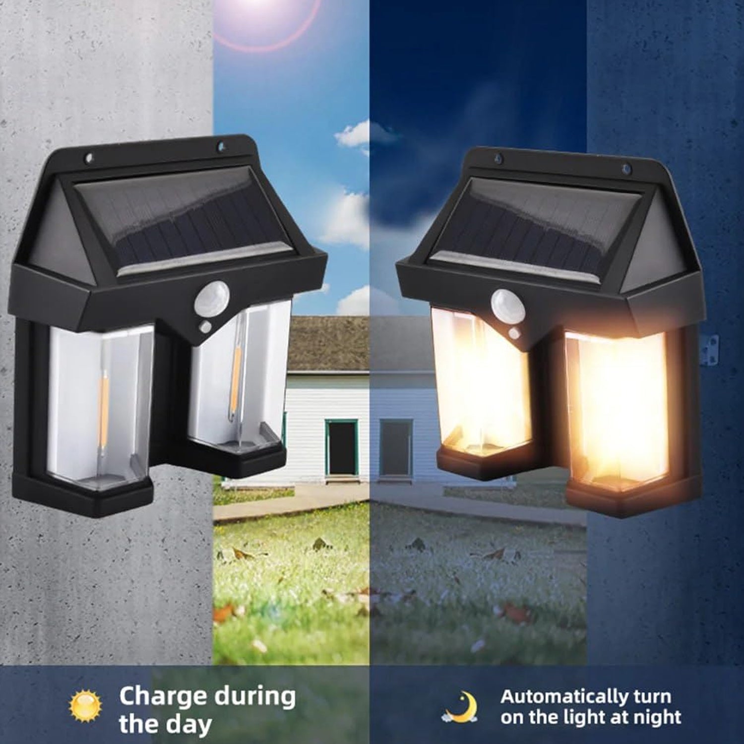 Comparison of the solar wall lamp's illumination in dark and lit conditions.