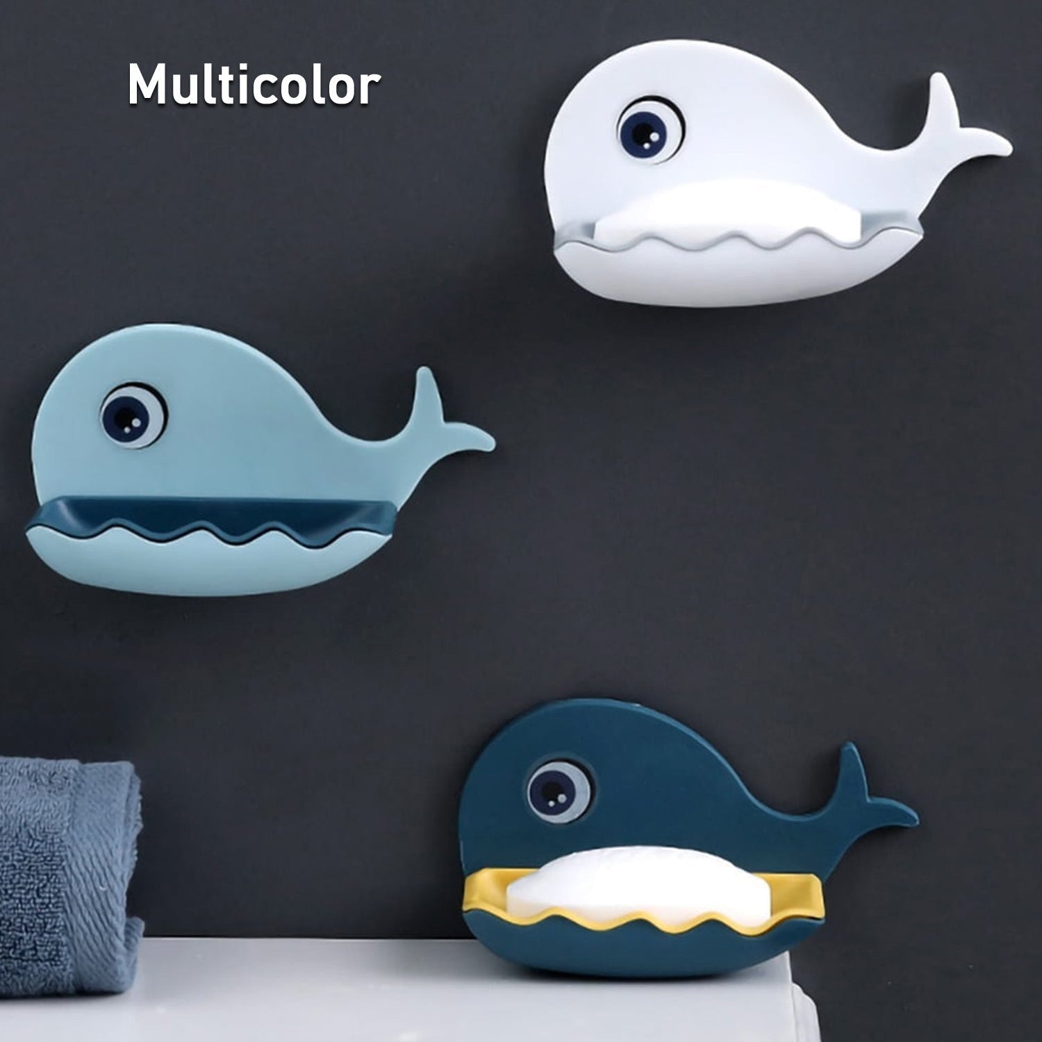Another angle of the adhesive soap rack highlighting its unique fish design and dual functionality.