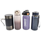 Stainless steel water bottle with carry handle and strap for easy transport