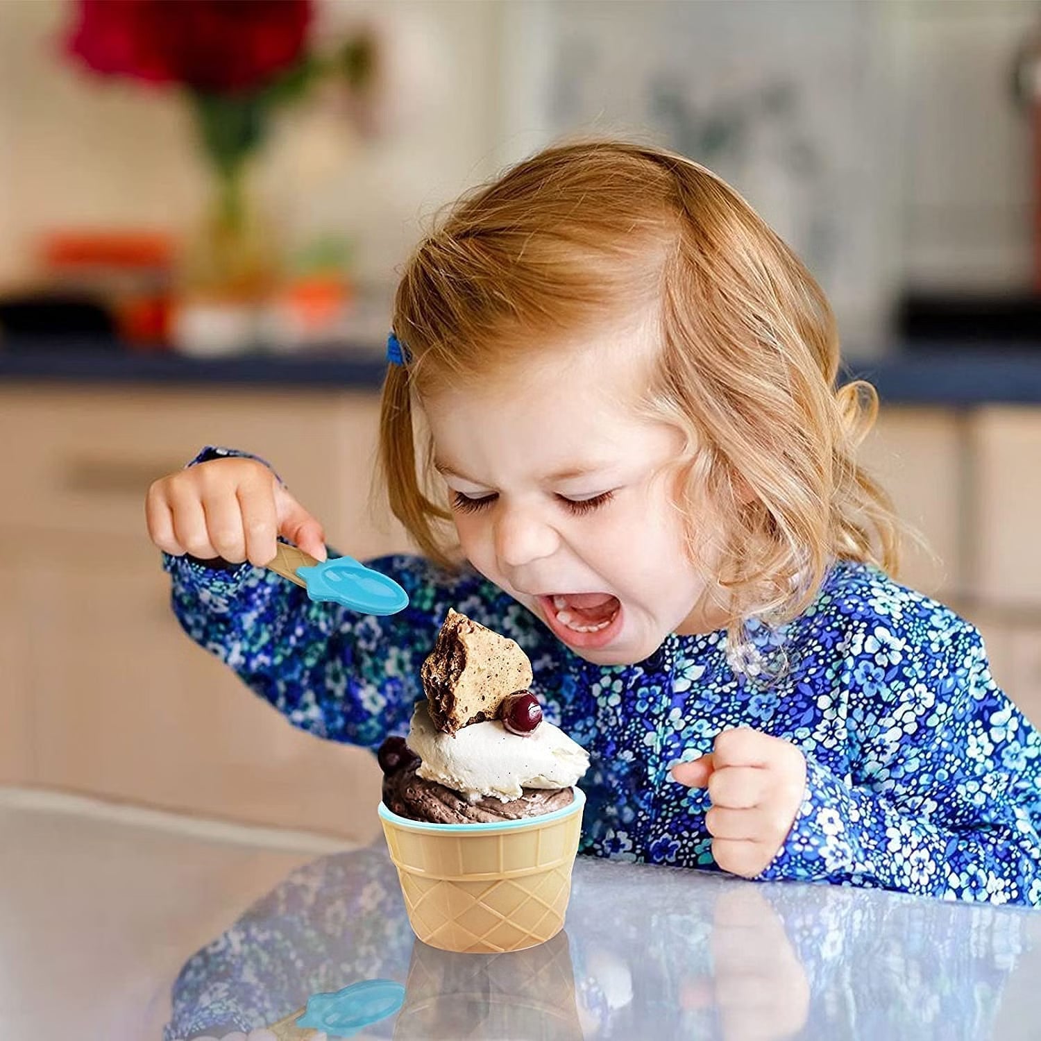 Delicious dessert served in a vibrant multi-color ice cream bowl.