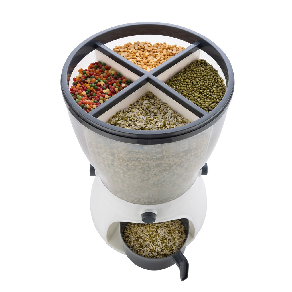 Transparent 4-in-1 rice dispenser with clearly visible compartments for different grains.