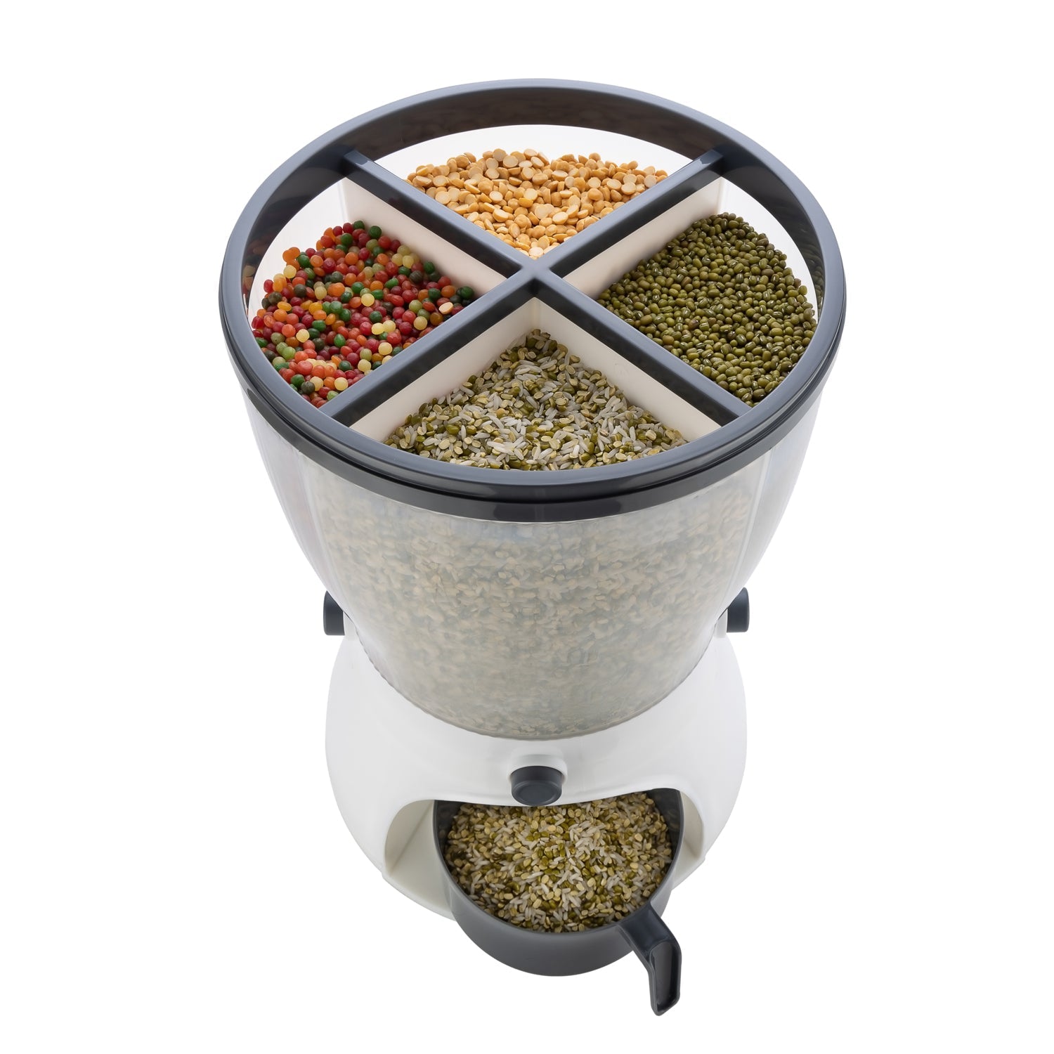 Transparent 4-in-1 rice dispenser with clearly visible compartments for different grains.