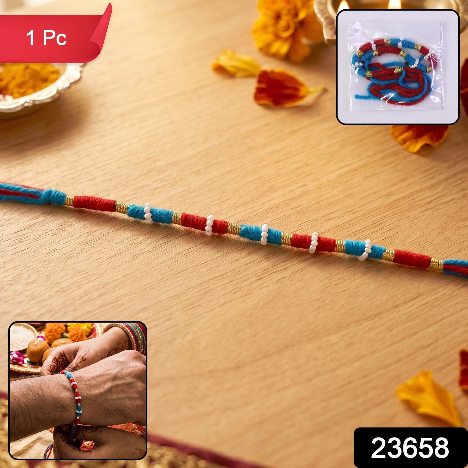 Handmade red cotton rakhi featuring pearl beads and traditional design