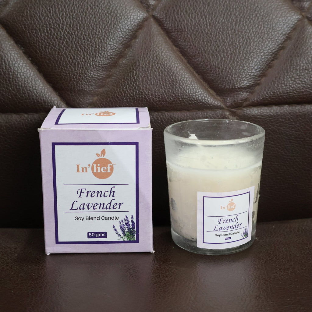 Packaging detail showcasing French Lavender soy candle branding