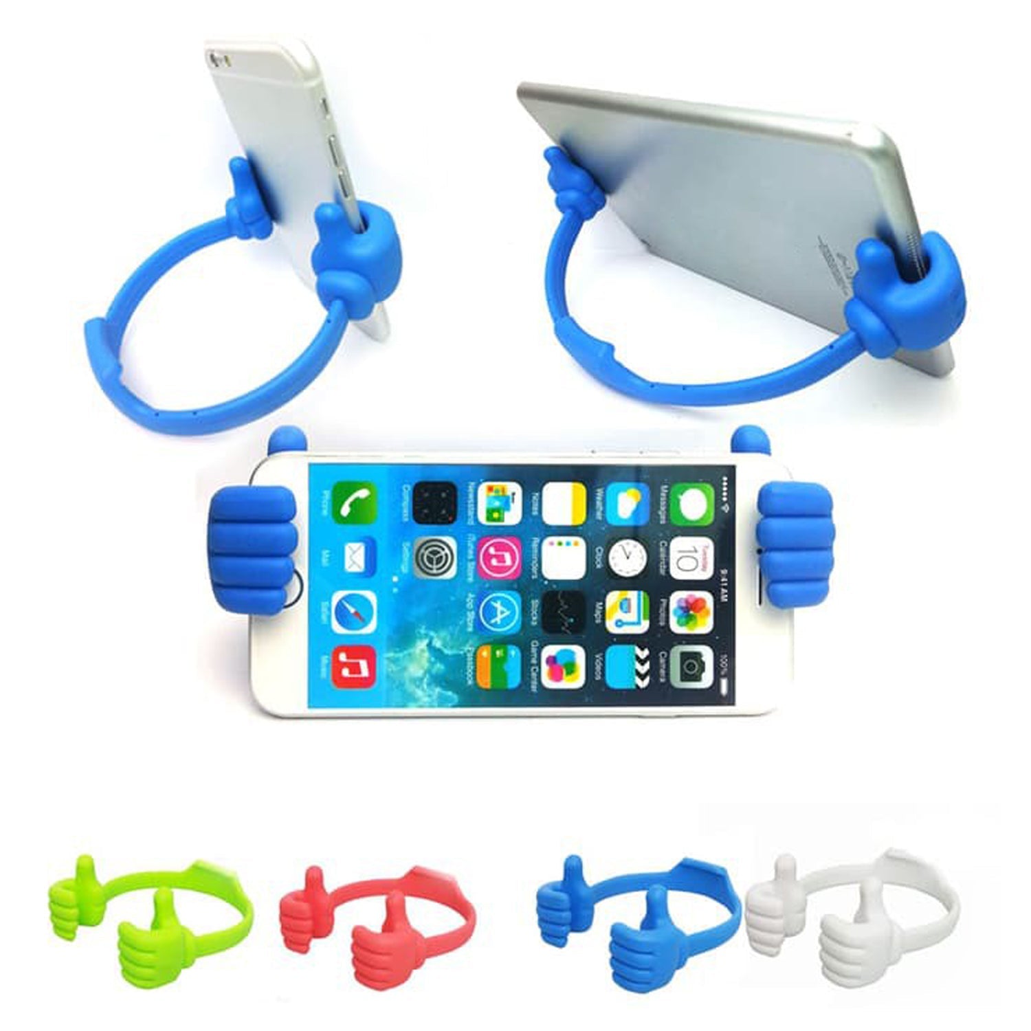 Four colorful hand shape desk accessories arranged neatly on a surface.