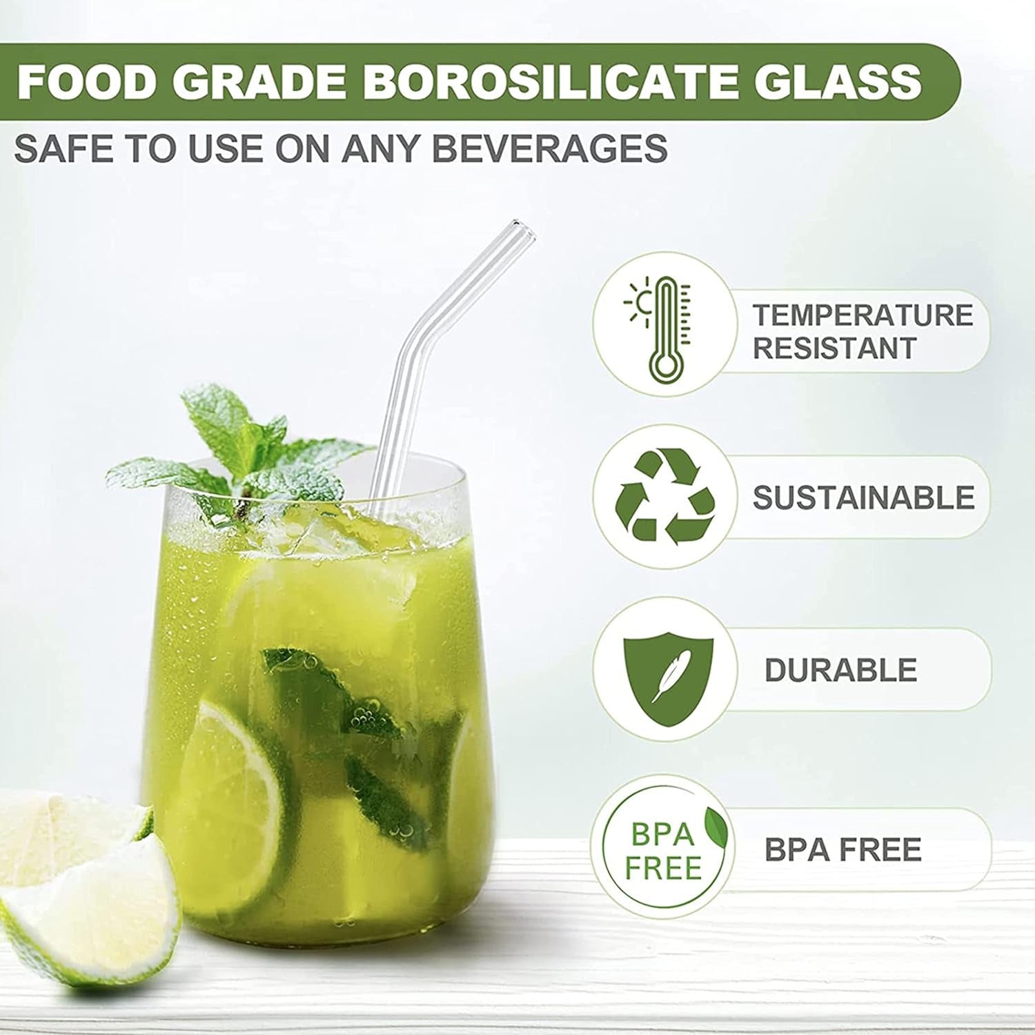 Set of five reusable, dishwasher safe glass straws for drinks