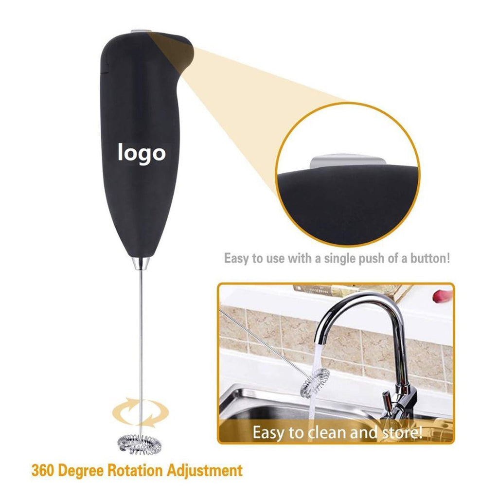 Close-up of the battery-operated hand blender's stainless steel whisk head.