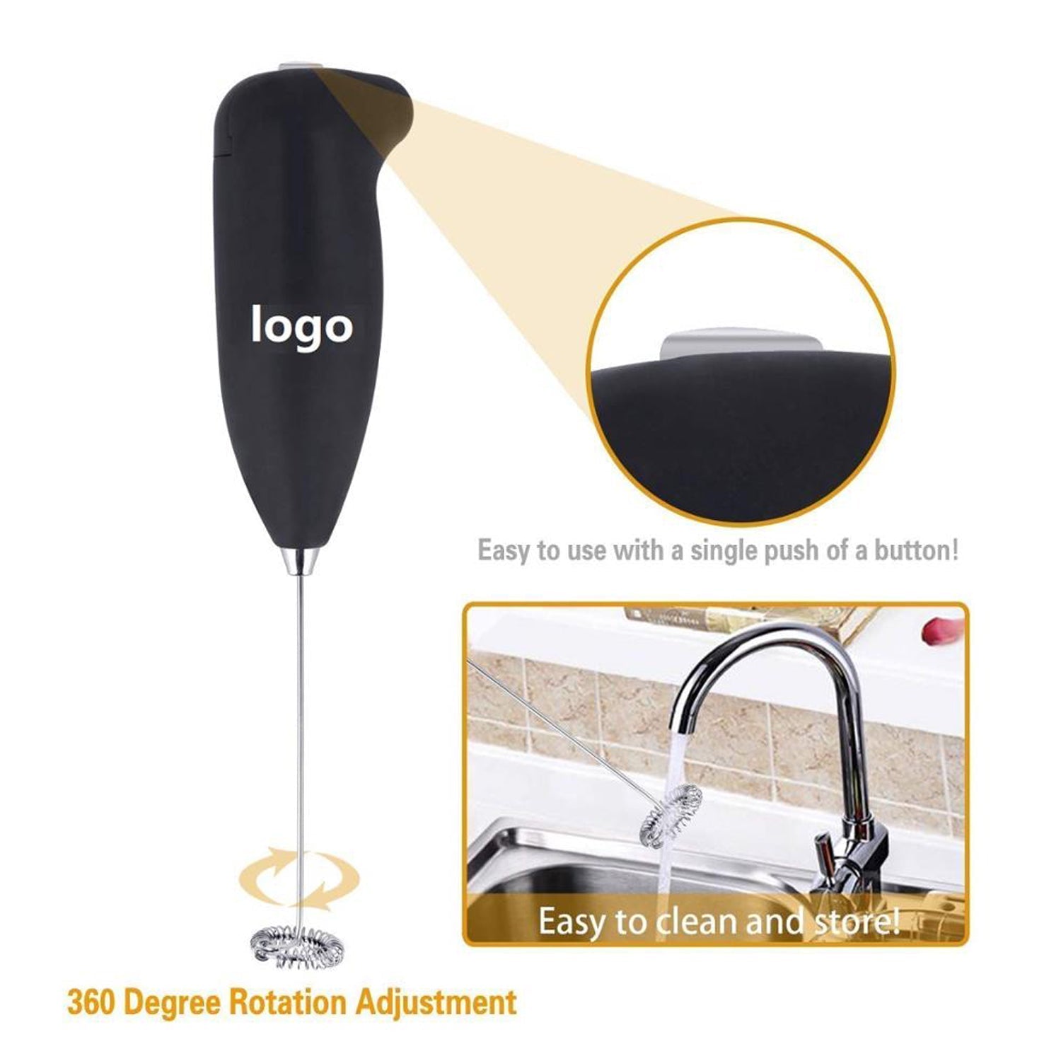 Close-up of the battery-operated hand blender's stainless steel whisk head.
