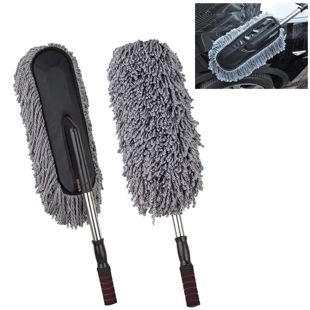 Microfiber car duster with retractable handle for easy vehicle cleaning.