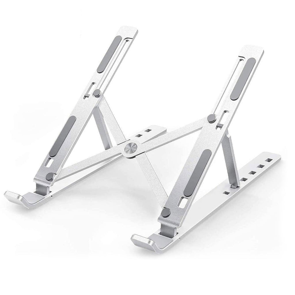 Ergonomic portable laptop stand elevating a laptop on a wooden desk, enhancing workspace.