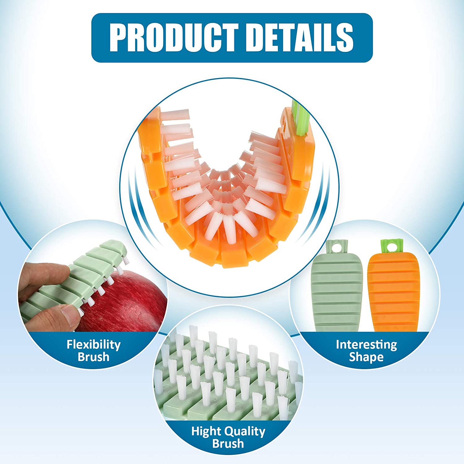 Flexible plastic brush designed for cleaning fruits and vegetables