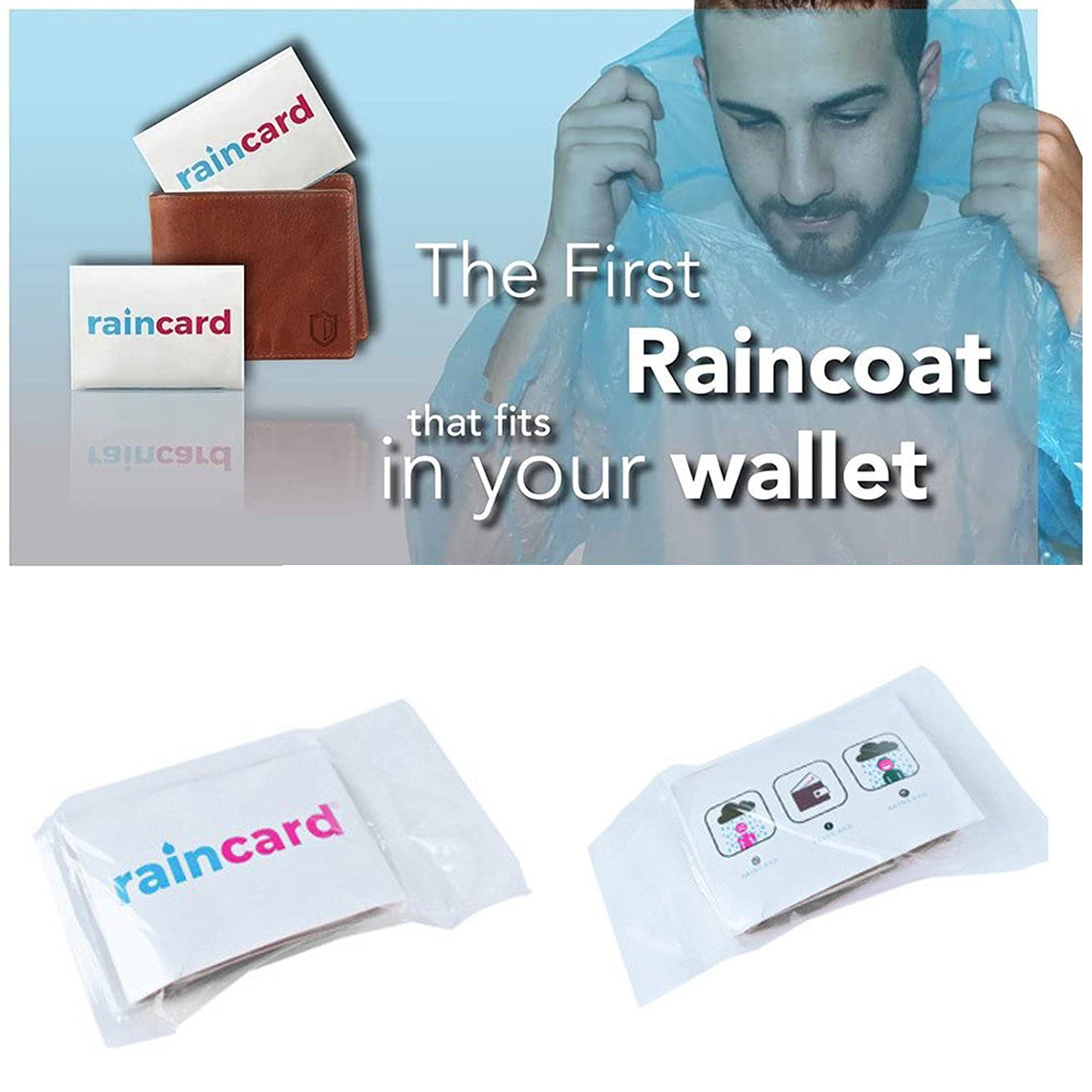 Person wearing waterproof emergency raincoat card outdoors in the rain