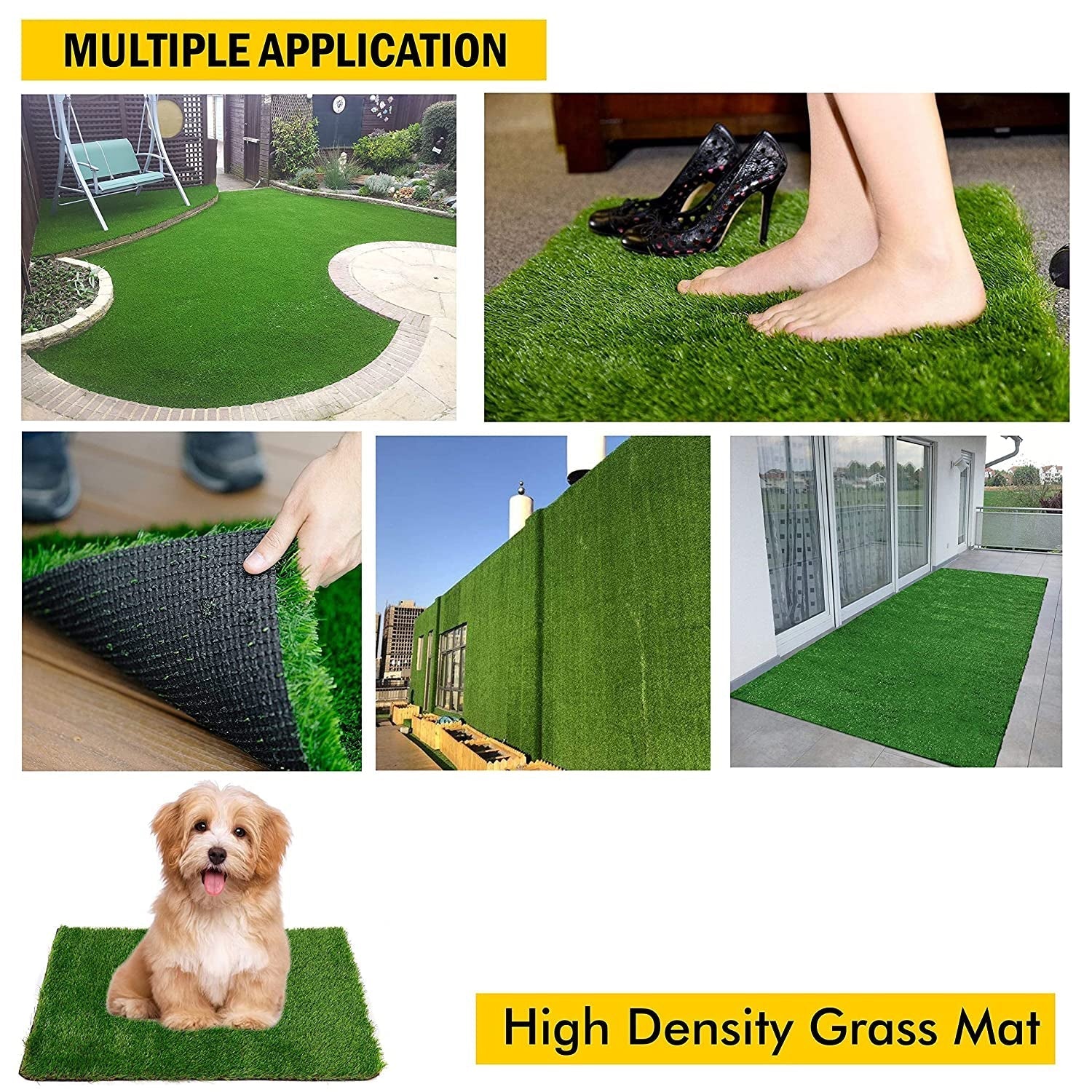 The weather-resistant artificial grass mat creating a cozy green corner on a balcony.