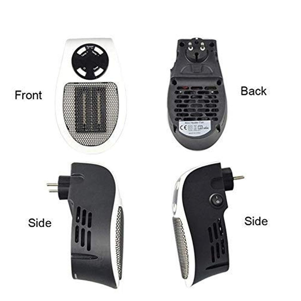 Rear view of the mini fan heater, highlighting the integrated plug for easy setup.