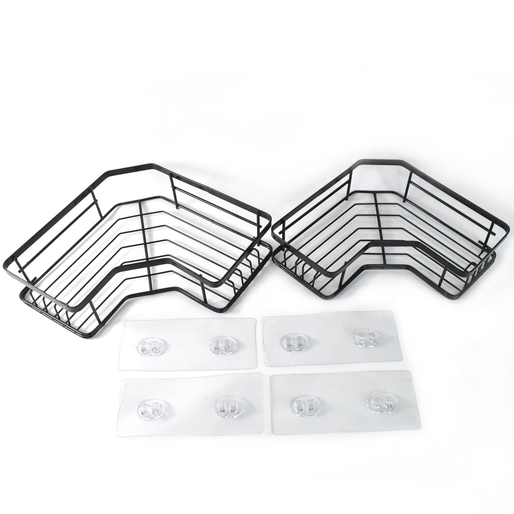 Two-piece stainless steel corner shelf organizer with black iron coating mounted on bathroom wall