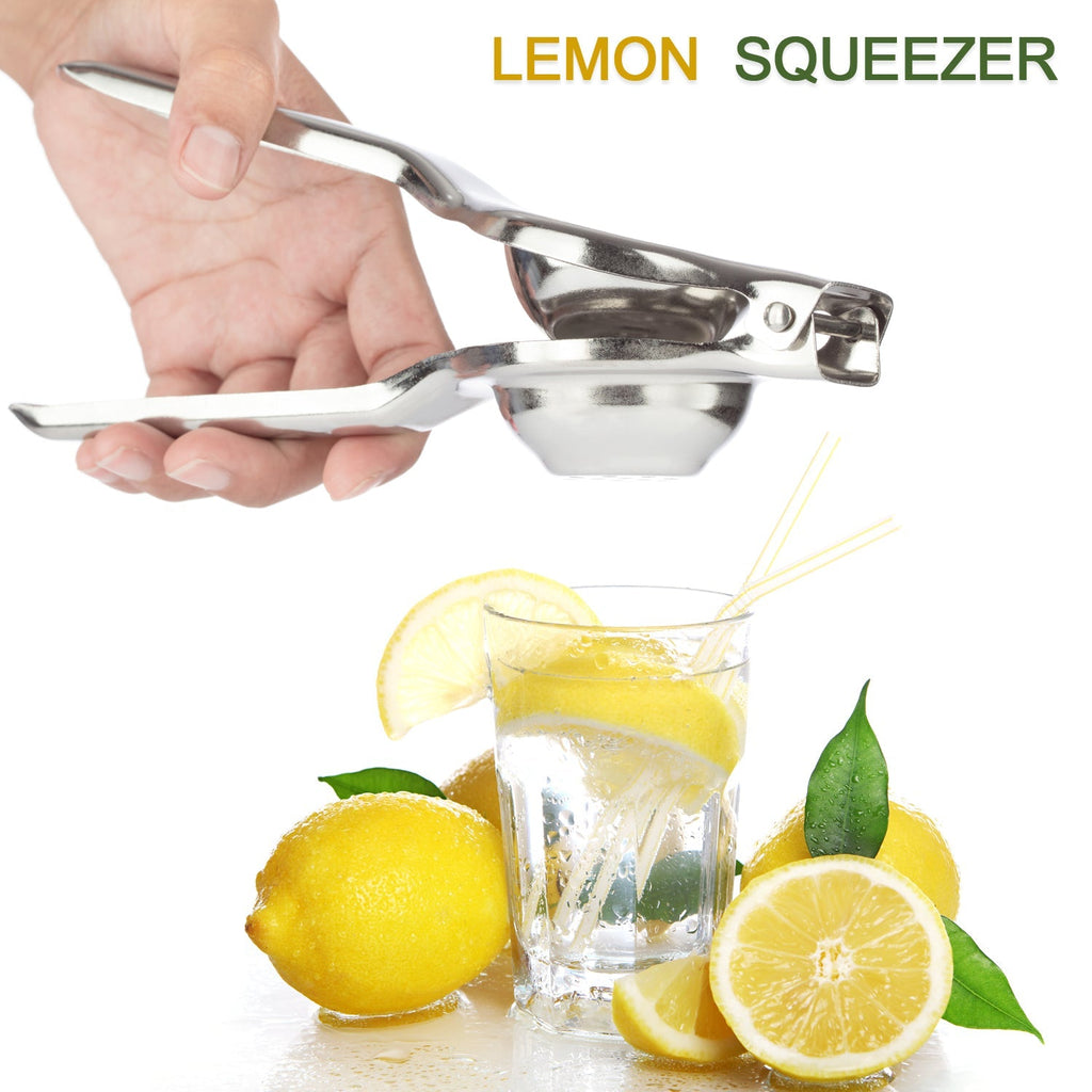 Handheld lemon squeezer actively pressing a lemon half, demonstrating its powerful juicing action.