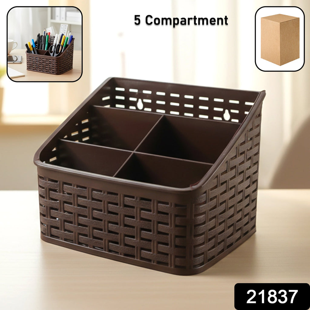 Brown woven design desk organizer basket holding office supplies