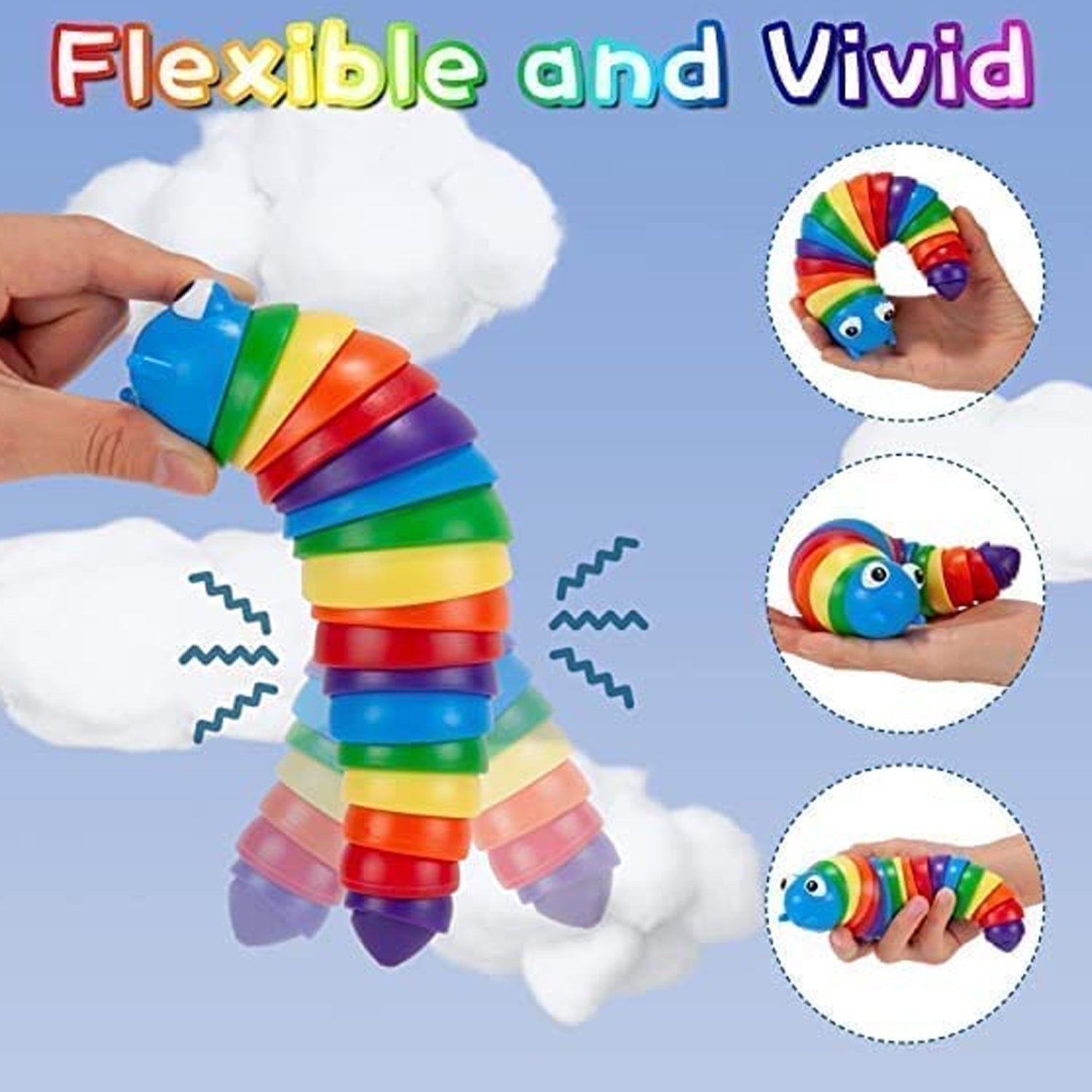 Rainbow plastic slug fidget toy in an expressive, dynamic pose on a contrasting background.