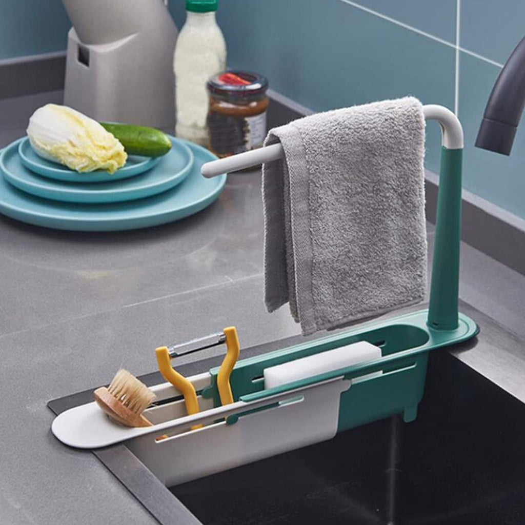 Expandable dish drying rack in a modern kitchen setting, providing a practical solution for sink organization.