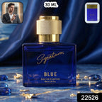 Luxury perfume bottle with textured cap from Signature Blue collection