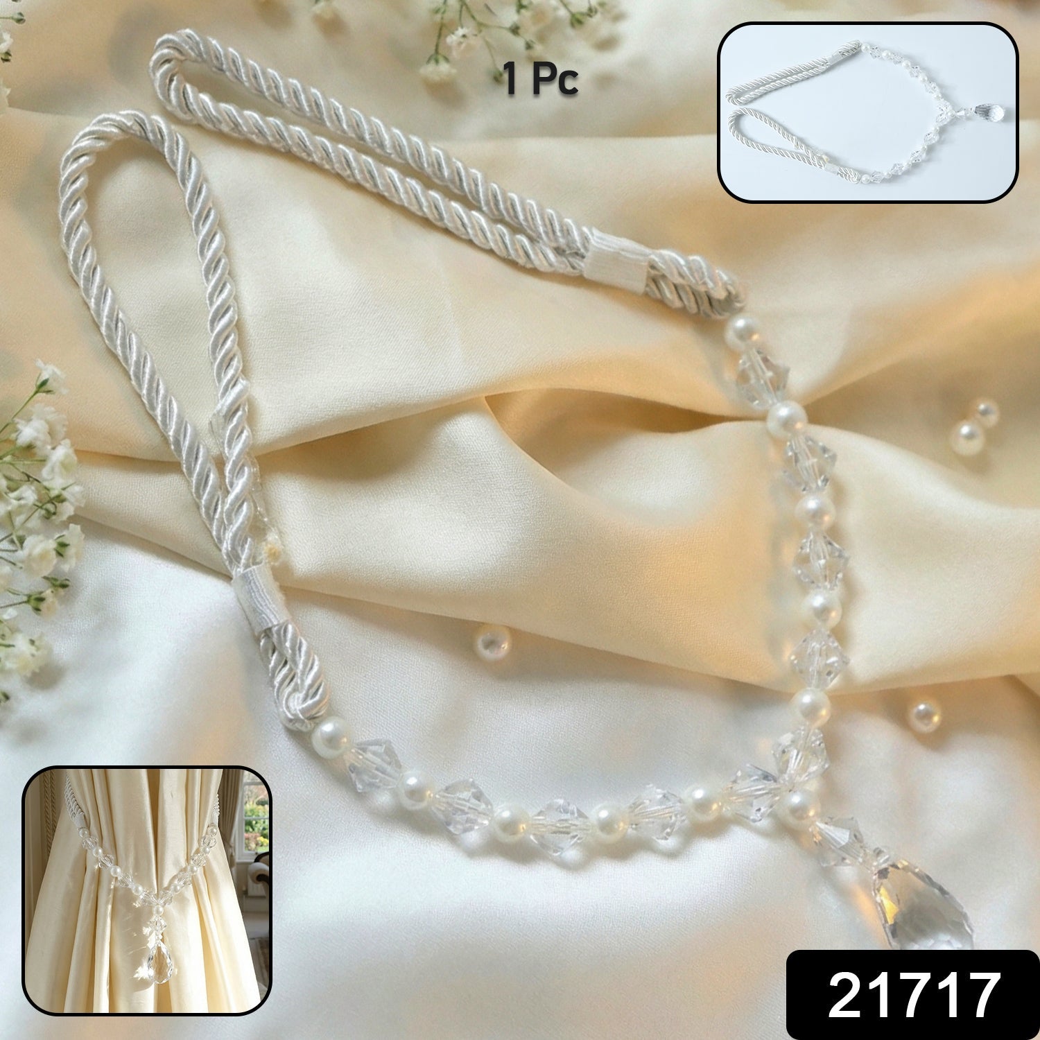 Close-up of decorative pearl and crystal curtain holder beads