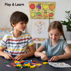Close-up of the wooden fruit puzzle board, showcasing detailed fruit shapes.