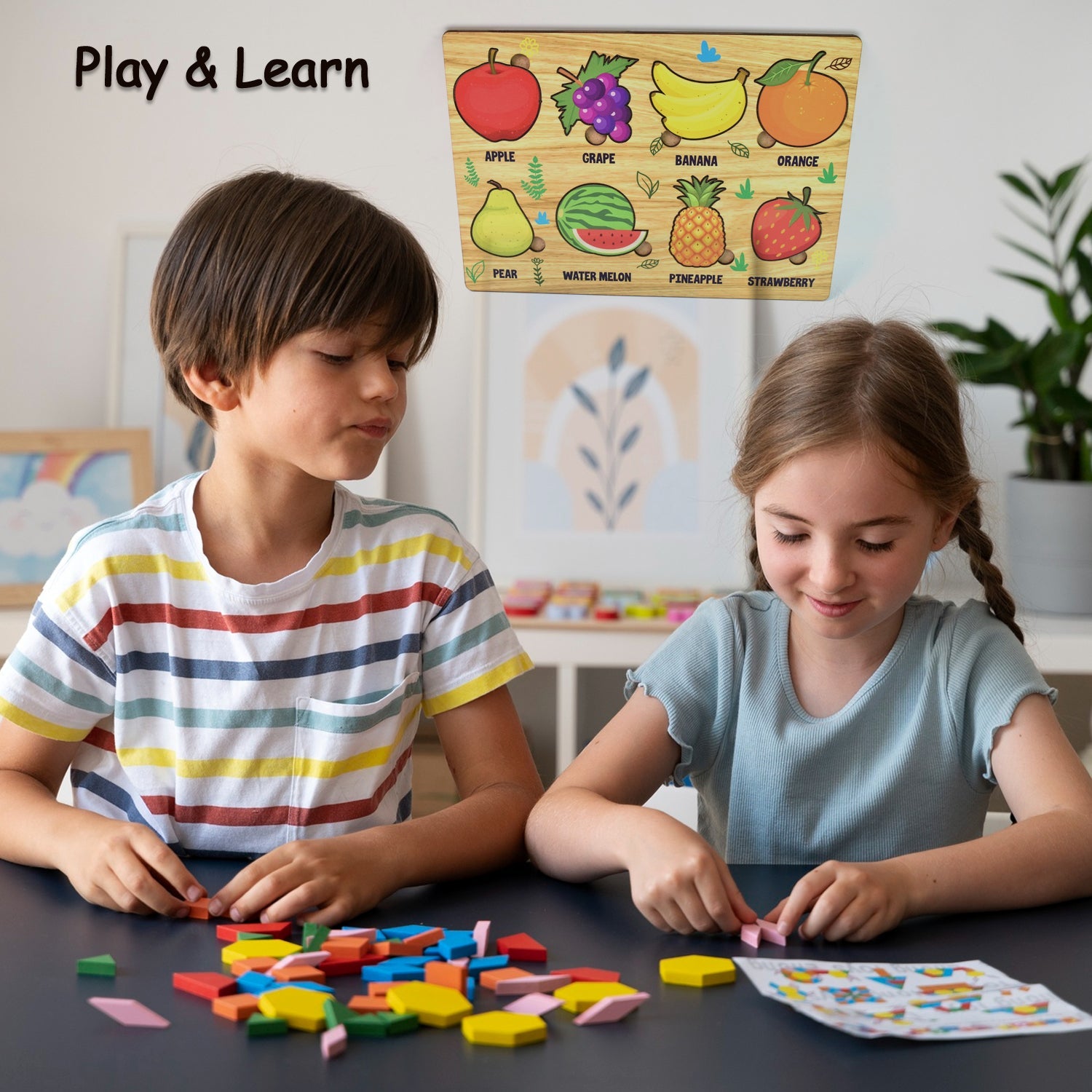 Close-up of the wooden fruit puzzle board, showcasing detailed fruit shapes.