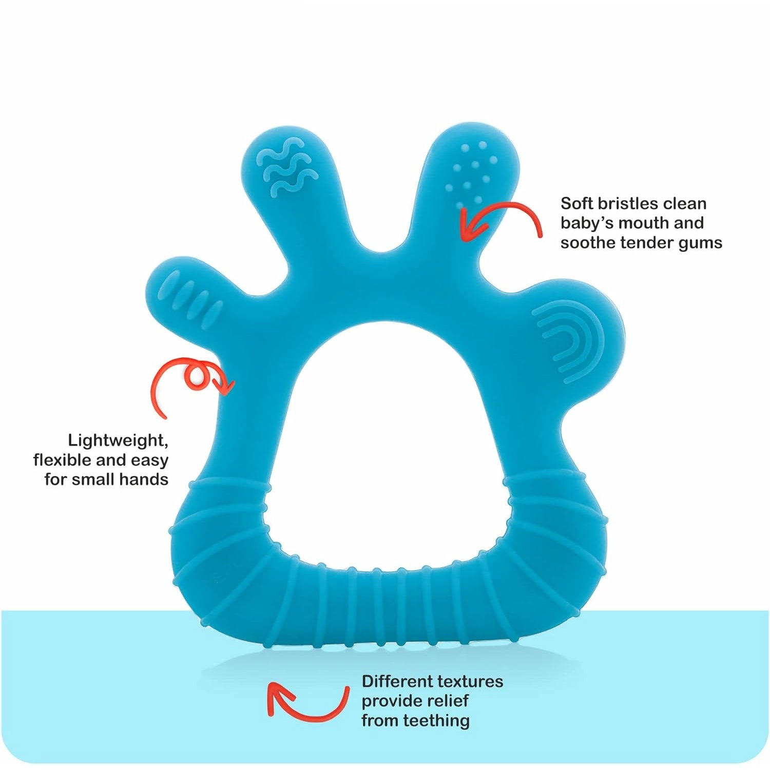 A single silicone teether displayed, highlighting its smooth, hygienic surface.