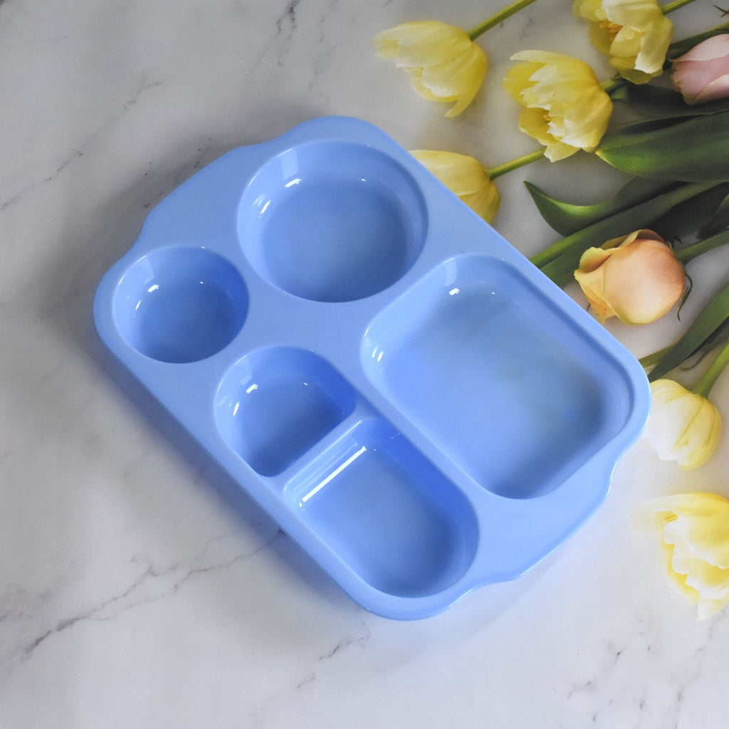 An organized, healthy meal served on an unbreakable 5-compartment plate.