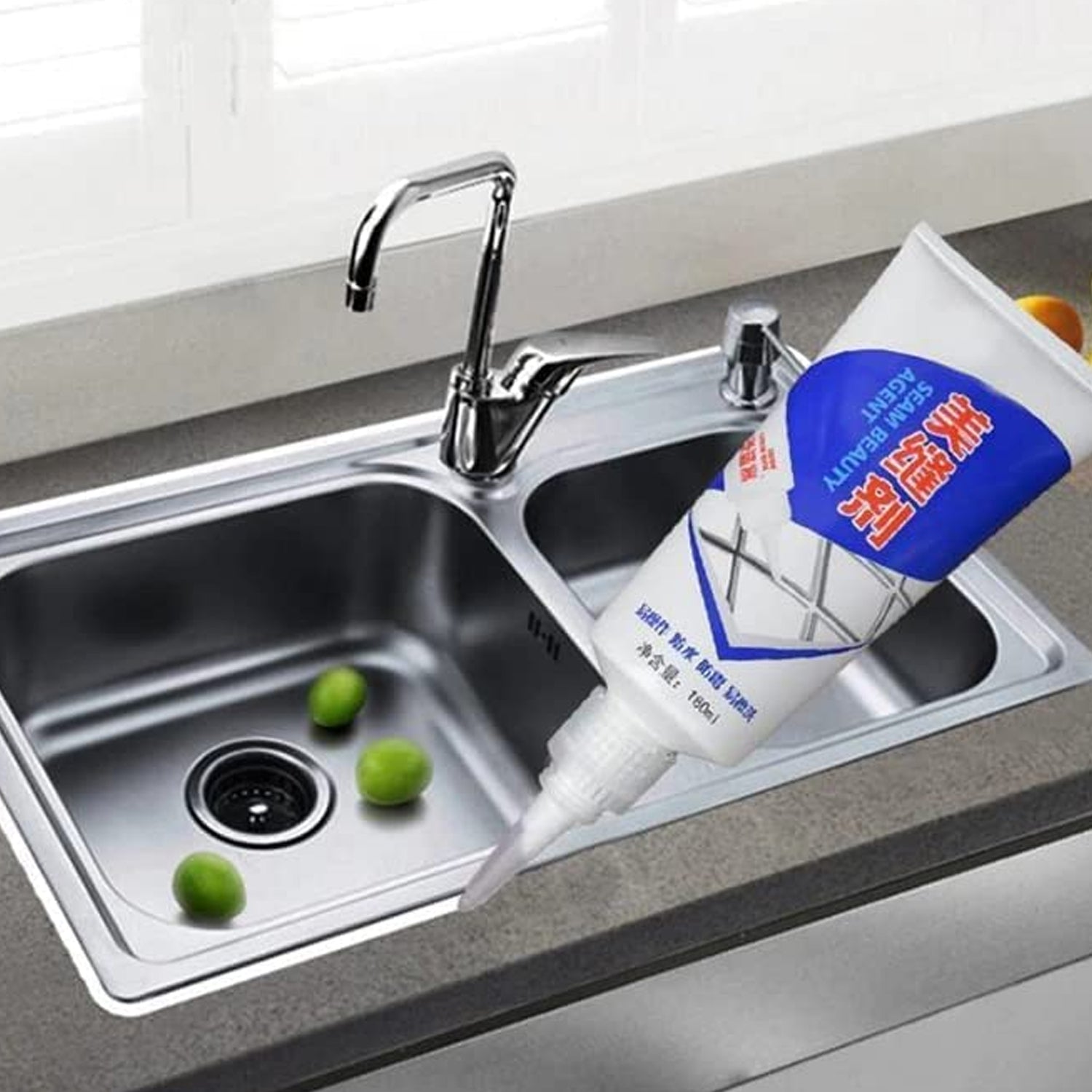 Waterproof tile sealant meticulously applied around bathroom sink tiles for a watertight finish.