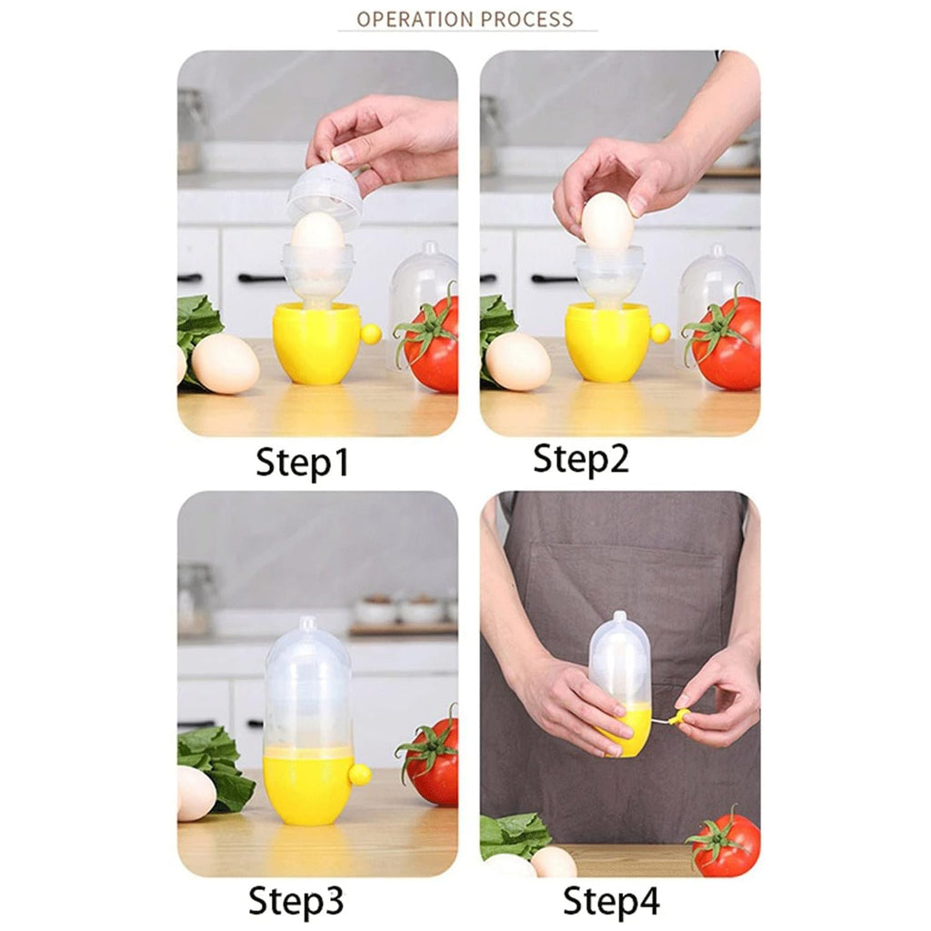 Step-by-step image showing how to correctly place an egg into the Manual Egg Scrambler for mixing.