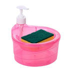 Clear soap dispenser with a sponge neatly stored in its integrated holder.