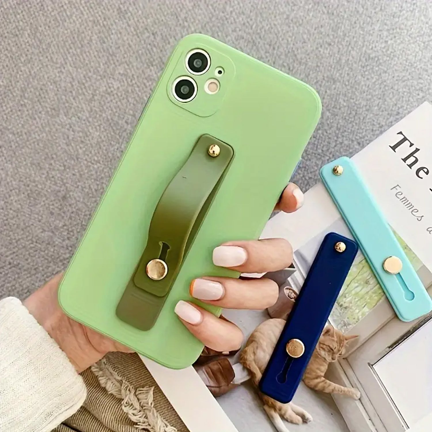 Side view of a smartphone featuring the slim profile of the silicone phone finger holder and kickstand.