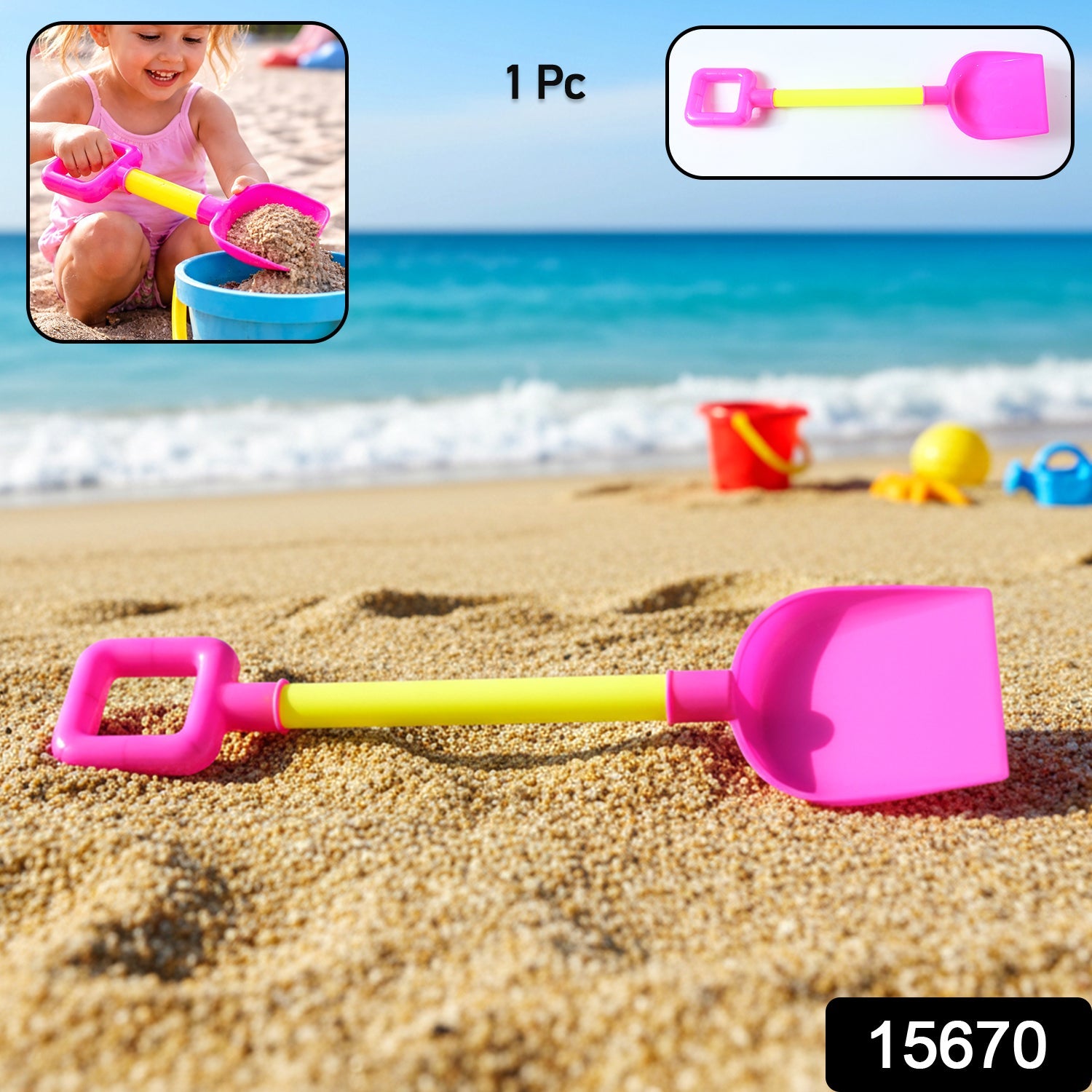 Child holding kids beach sand shovel digging sand at the beach