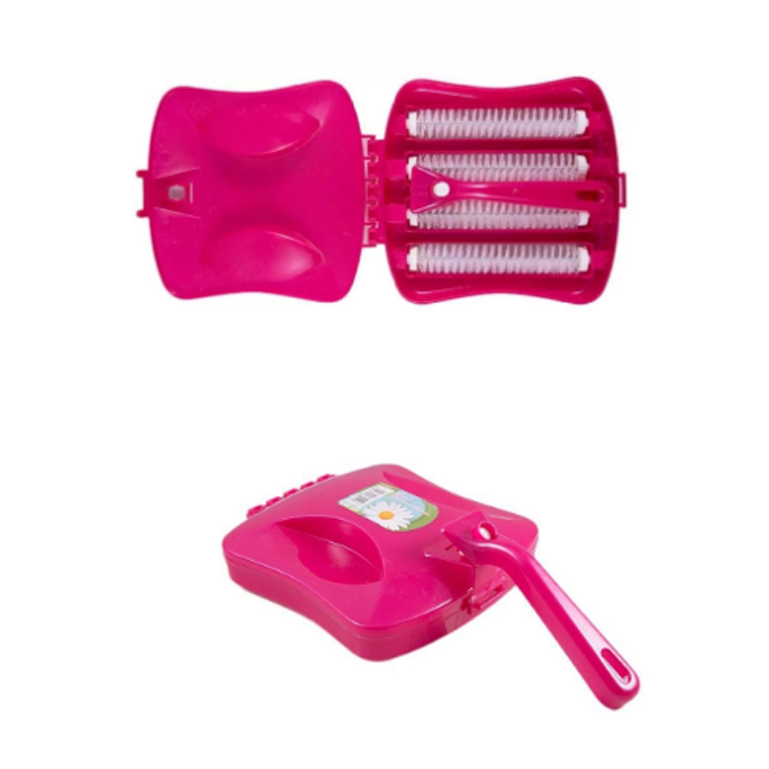 Compact handheld carpet brush with a transparent dust crumb collector.