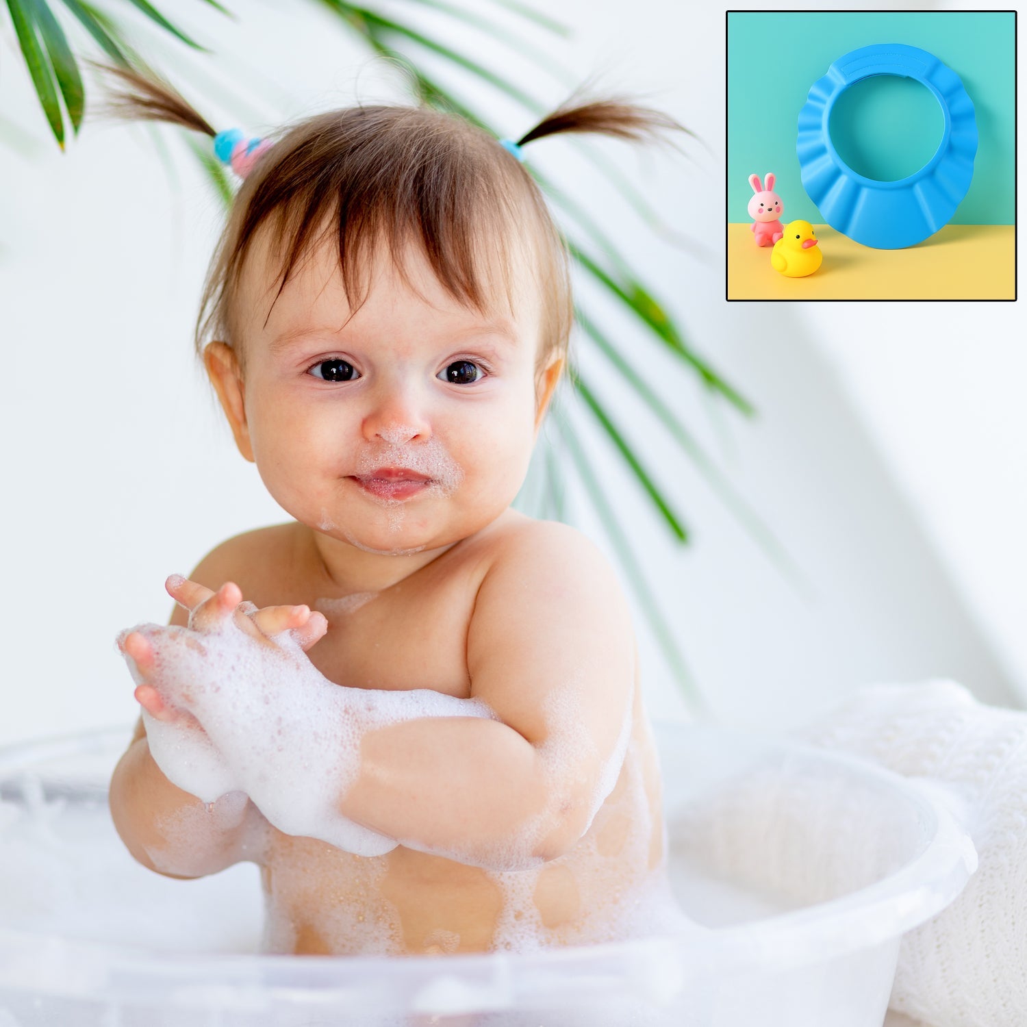 Wide brim of baby shower hat diverting water away from face