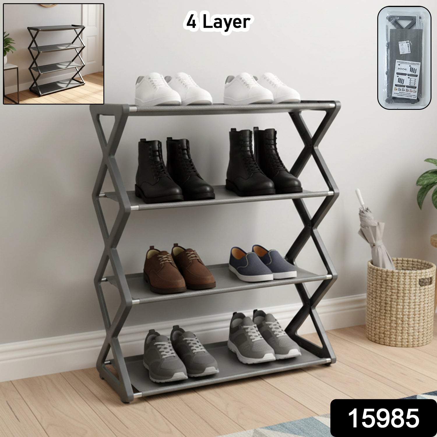 Compact shoe rack with adjustable shelves