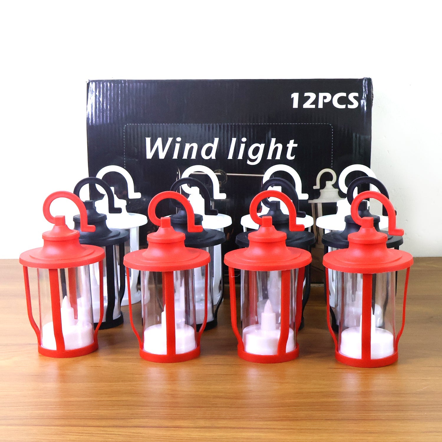 Battery operated decorative LED lantern candles illuminating a room