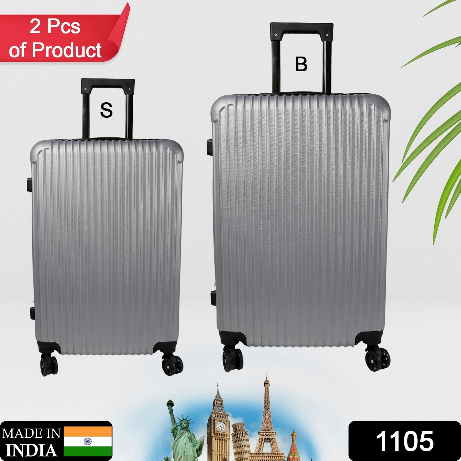 Two hard case trolley bags, big and small, in striking multi-colors, ready for travel.