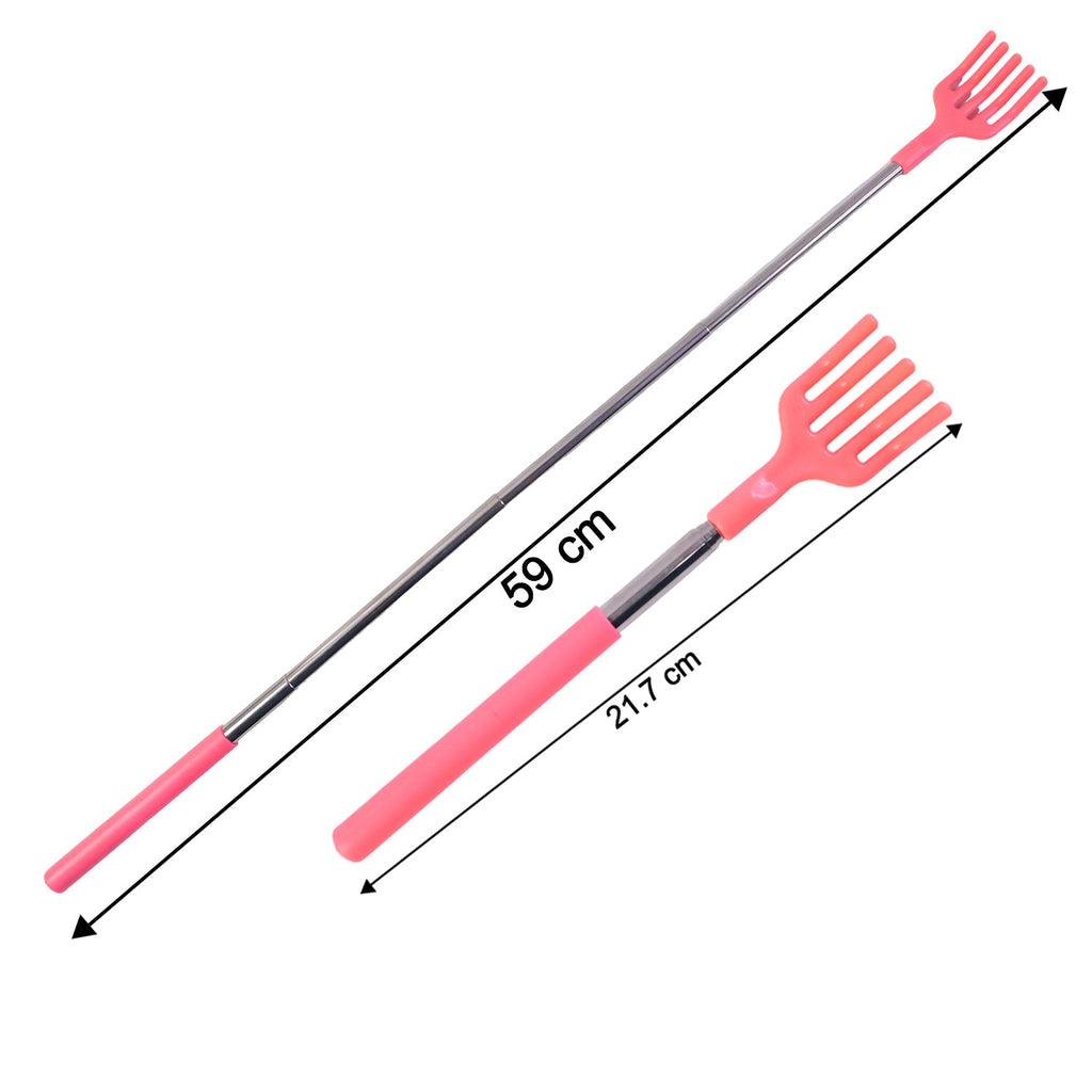 Person using the telescopic back scratcher to reach an itch on their back.
