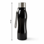 Stainless steel water bottle with its secure screw cap and sturdy base.