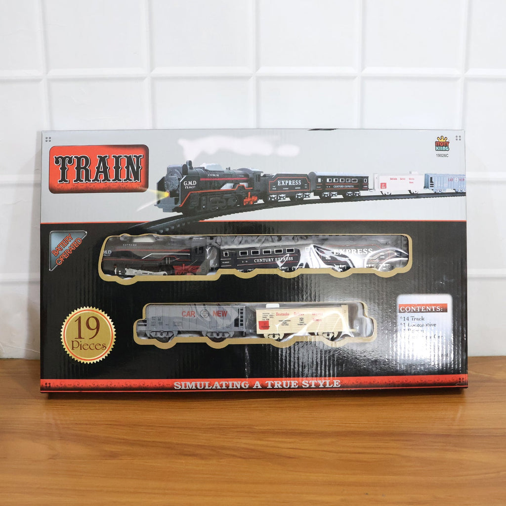 Complete layout of 19-piece battery operated toy train set for imaginative play