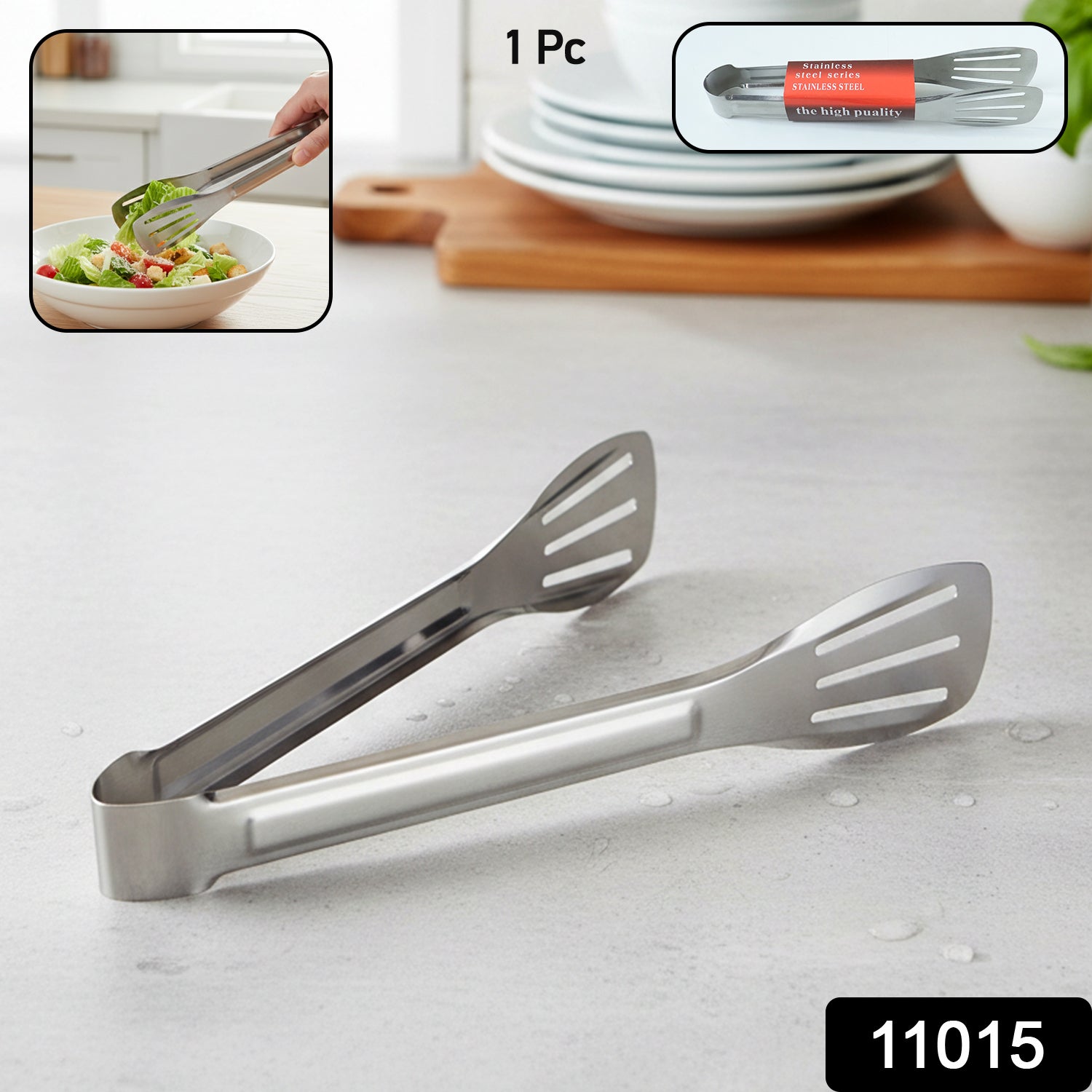 Steel kitchen serving tongs placed on a wooden table for food handling