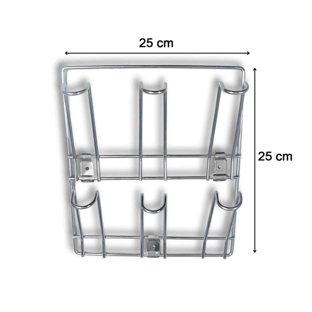 Front view of wall-mounted stainless steel mug and cup holder rack