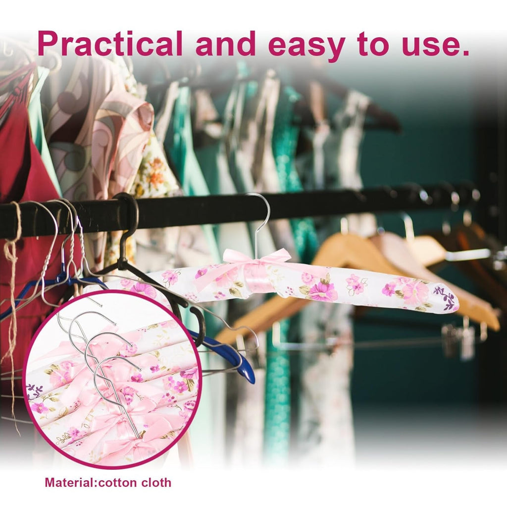 Non-slip cushioned grip on floral padded clothes hanger with metal hook