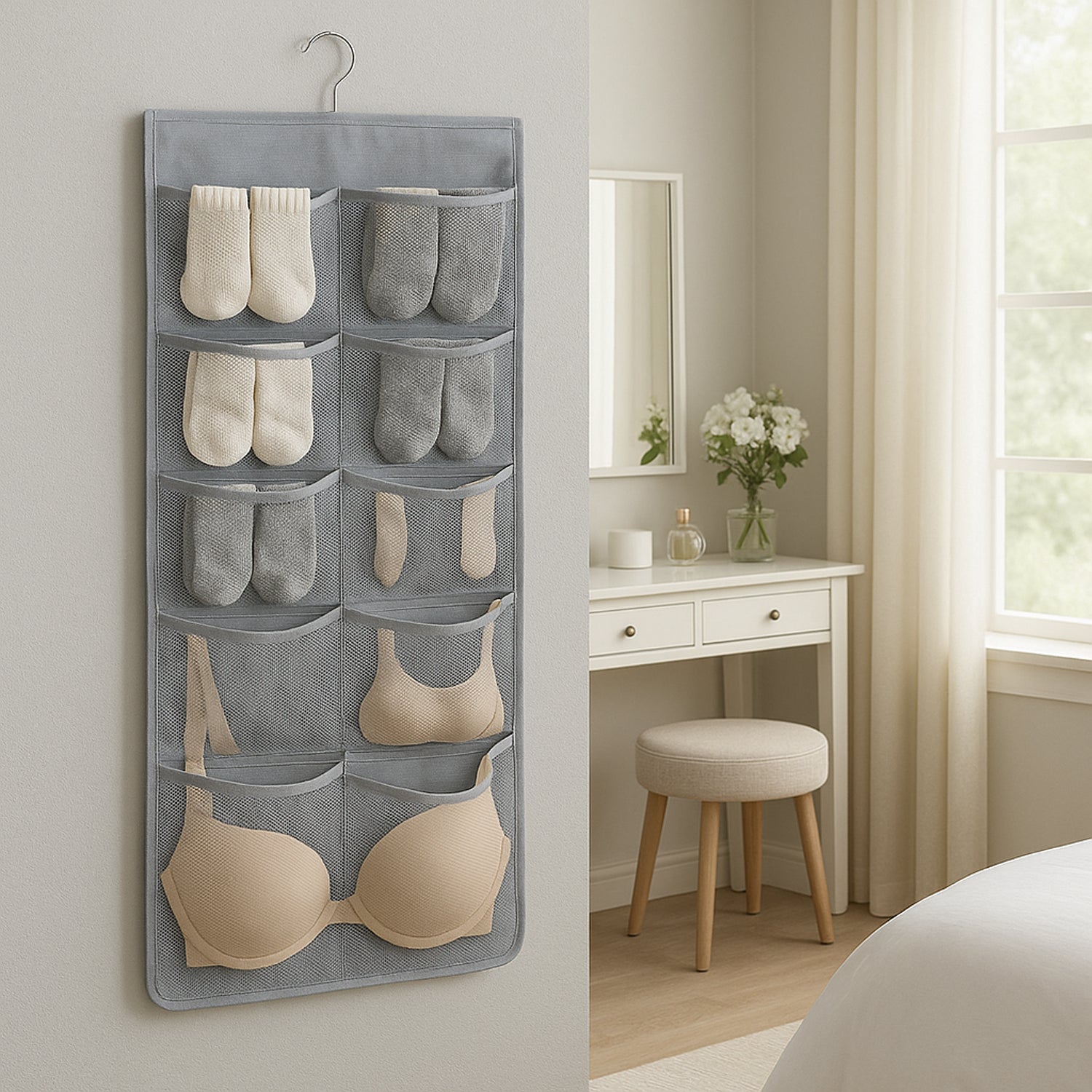 Empty hanging under garment organizer showing multiple pocket layout