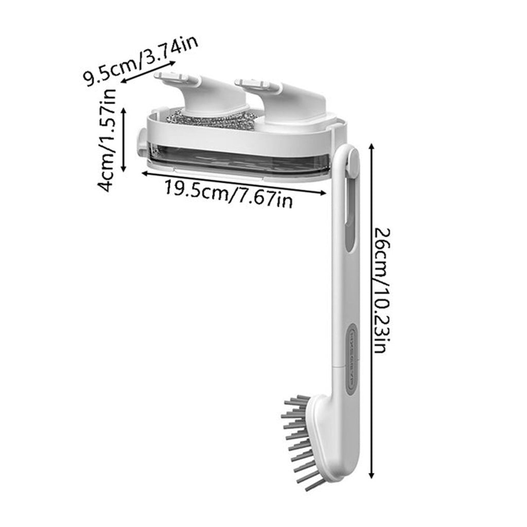 Compact kitchen cleaning kit with brush and storage tray on wall