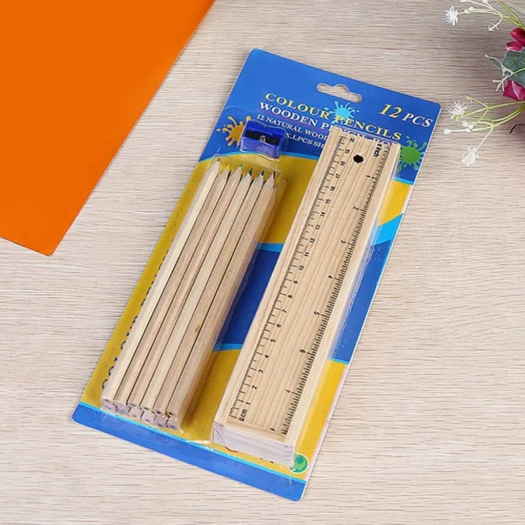 Side view of the wooden pencil box with the colorful pencils stored inside.