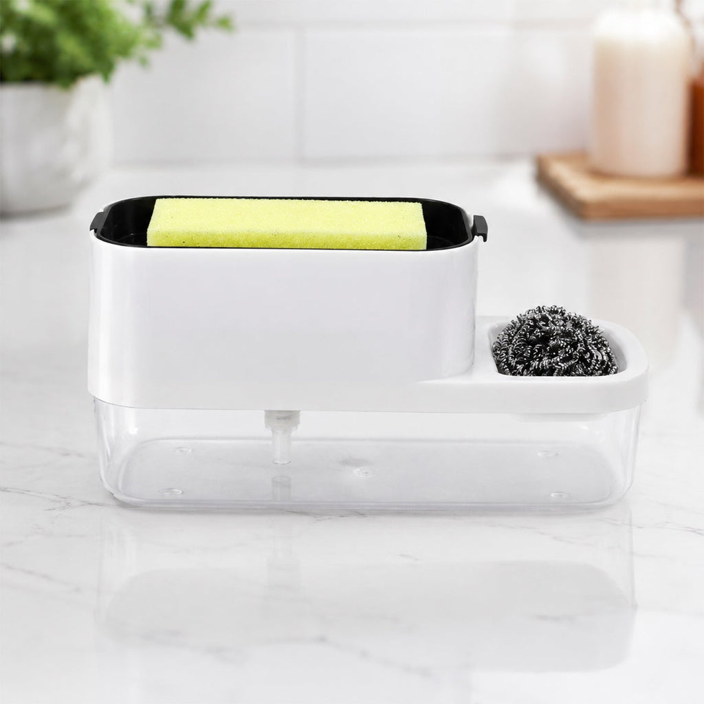 Tidy kitchen sink with dish soap dispenser and sponge holder setup
