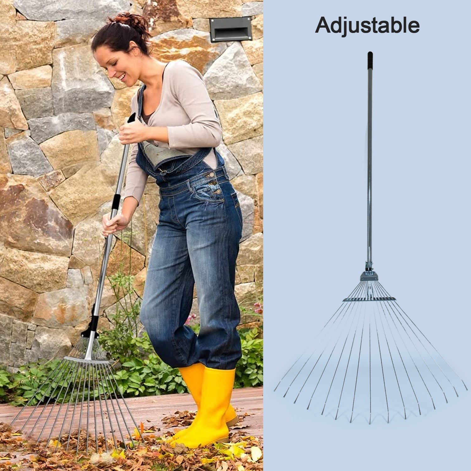 The telescopic handle of the garden rake extended to its maximum length of 152 cm.